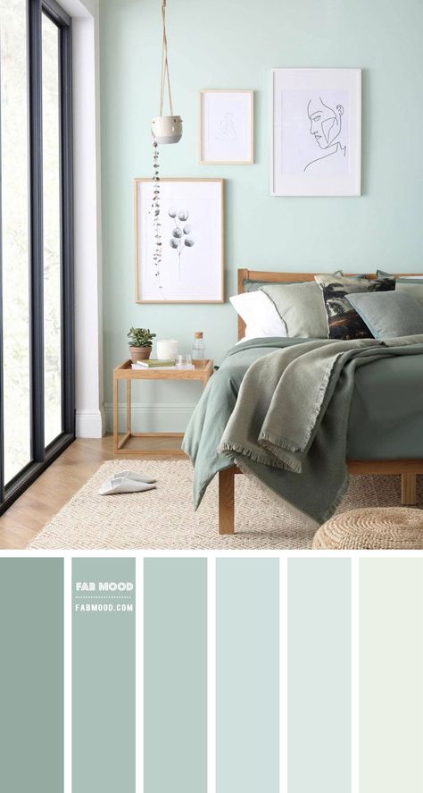 mint and sage green bedroom, mint bedroom, green bedroom, soft green bedroom color scheme Bedroom Wall Colour Combination, Bedroom Colour Schemes, Light Green Bedrooms, Mint Green Bedroom, Mint Green Rooms, Mint Bedroom, Sage Bedroom, Green Bedroom Walls, Beautiful Bedroom Colors