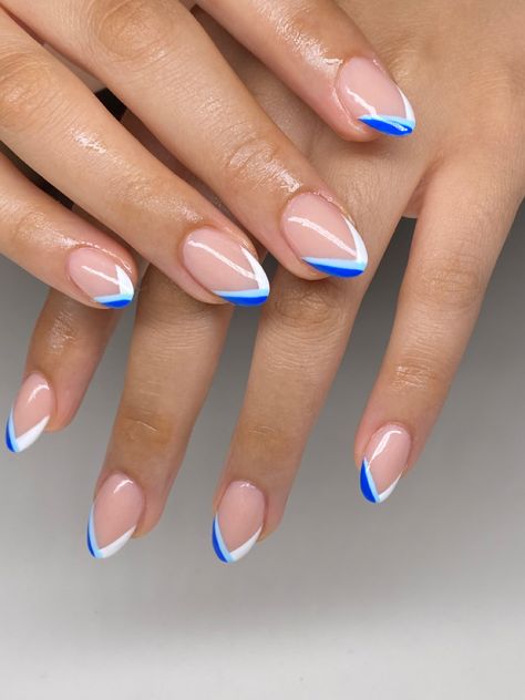 Royal Blue French Manicure, Blue Almond Shaped Acrylic Nails, Nails Blue Design Royal, Almond Shape Acrylic Nails Designs Summer, Blue And White Almond Nails Design, Royal Blue And White Nails For Prom, Royal Blue And White French Tip Nails, Almond Nails Designs Summer Blue, Patriotic French Tip Nails