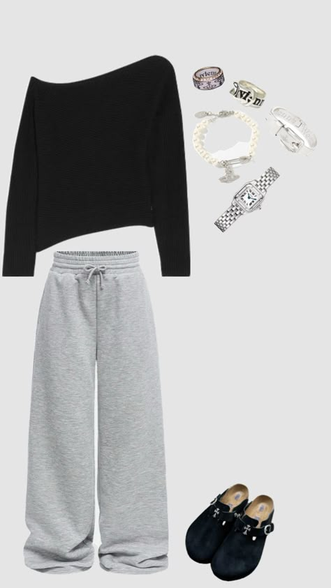 Lazy Basic Outfit, Comfortable Outfits For Home, Drama School Outfits, Lazy Days Outfits, Comfy But Put Together Outfits, Grey Sweat Pants Outfit Women, Chill Outfits Lazy Days Winter, Comfy Outfits Winter Lazy Days, How To Style Dark Grey Sweatpants