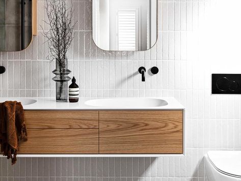 Reece Bathroom, Floating Bathroom Vanity, Stunning Bathrooms, Bathroom Photos, Double Sink Bathroom, Double Sink Bathroom Vanity, Bathroom Backsplash, Bathroom Wall Tile, Bathroom Inspo