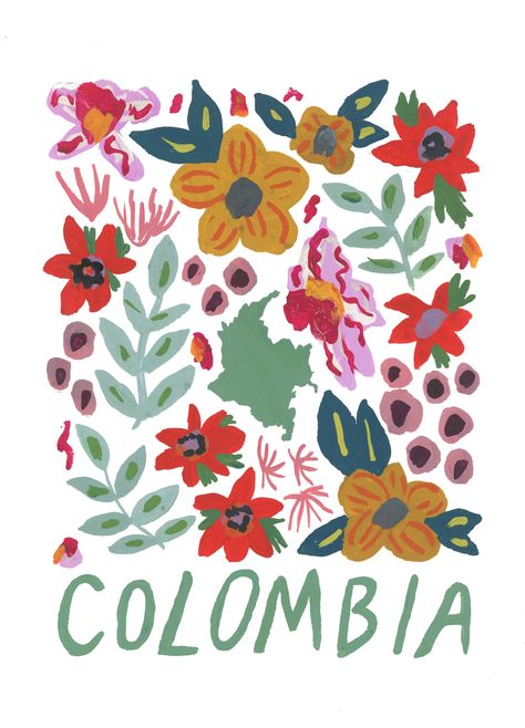 Illustration Print of Colombia Original artwork painted with gouache on illustration board Printed on matte paper Print comes in clear sleeve with cardboard backing Colombia Painting, Colombia Illustration, Colombian Flowers, Colombia Art, Latin Art, Heritage Paint, Heritage Art, Agenda Stickers, Colombian Art