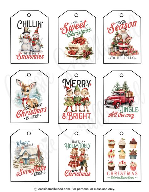 Free printable Christmas present tags with vintage graphics Vintage Christmas Tags Printable Free, Free Gift Tags Printable Editable, Christmas Ornament Printables Free, Free Printable Christmas Gift Tags Label Templates, Christmas Labels Printables Free, Merry Christmas Tags Printable Free, Christmas Tags Printable Free Templates, Printable Christmas Tags Free, Reindeer Food Printable Free