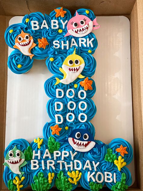 Baby Shark First Birthday Party Boy, Baby Shark Cupcake Cake, Shark Cupcake Cake, Baby Shark Cupcakes, Baby Shark Birthday Party Boy, Baby Shark First Birthday, Shark Birthday Ideas, Baby Bear Birthday Party, Shark Cakes