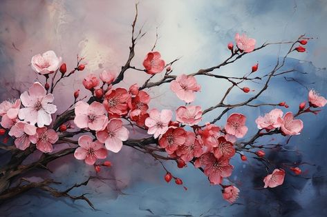 Cherry Blossom Tree Branch, Background Watercolor Painting, Blue Watercolor Background, Japanese Blossom, Cherry Blossom Painting, Tree Textures, Abstract Art Diy, Flower Painting Canvas, Background Watercolor