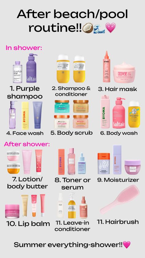 #summer #beach #pool #beachday #poolday #shower #showerroutine #everythingshower What To Bring To The Pool For Teens, After Pool Routine, What To Take To A Pool Party, Summer Shower Routine, What To Bring To The Pool, Summer Must Haves Products, Beach Routine, Pool Day Essentials, Shuffles Summer