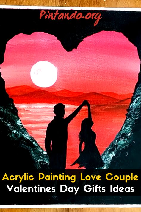 Easy step-by-step acrylic painting for beginners, ideal for Valentine's gift, the tutorial shows a couple in the moonlight, ideal to give to your girlfriend or boyfriend, it is the ideal gift for her or him. Beautiful painting very simple to paint, I hope you enjoy it #valentinesday #pintando #acrylicpainting #couple Acrylic Painting Love Couple, Painting Ideas Valentines, Acrylic Painting Love, Canvas Painting Love, Valentines Painting, Love Couple Quotes, Painting Love Couple, Couples Canvas Art, Couple Valentines Day