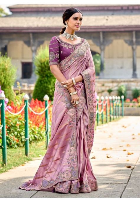 Pink Gadhwal Silk Designer Saree Purple Sari, Sequins Saree, Dress Saree, Banarasi Silk Saree, Elegant Embroidery, Half Sleeve Blouse, Embroidery Saree, Art Silk Sarees, Indian Attire