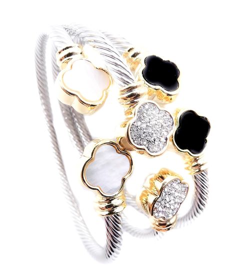 PRICES MAY VARY. END TIPS: 12mm Width TWISTING CABLE BAND: 5mm Width OPENING MEASURES: 7.5 Inches Long ❤ CHIC & STYLISH: Classic Unique Style! This amazing gorgeous twisting cable cuff bracelet features ornately crafted 18kt gold plated clover flower end tips available in black onyx, mother of pearl shell & shimmery pave crystals. It effortlessly slips onto your wrist with comfort and looks rich and sophisticated! Gorgeously crafted with intricate styling & detailing, this cuff bracelet makes a Trending Bracelets 2024, Trendy Accessories 2024, Trending Jewelry 2024, Jewelry 2024 Trends, Jewelry Trends 2024, Gold And Silver Jewelry Together, Cuff Bracelets Gold, Luxury Accessories Woman, Dope Jewelry Accessories