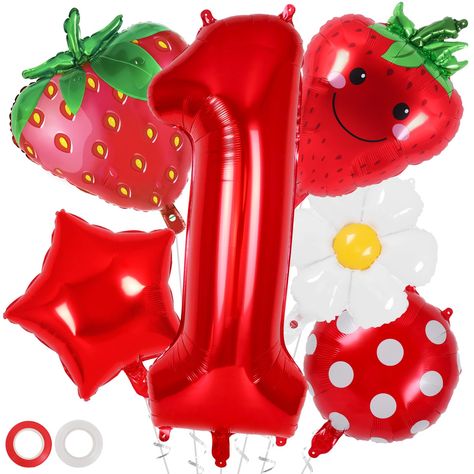 PRICES MAY VARY. Package Contains: You will receive 1red number balloon, 2 strawberry balloons, 1 polka dot balloon, 1 star balloon and 1 daisy balloon, 2 roll ribbons and a straw. What an abundance of balloons for your strawberry themed first birthday party! EASY TO USE: Inflate the balloons with air or helium by a balloon pump; pinch the inflation valves gently; then the beautiful strawberry balloon set is there for you! And you can tie the balloons with the ribbons included, creating a splend Strawberry Balloons, Fruit Party Decorations, Berry First Birthday Party, Polka Dot Balloons, 1st Birthday Balloons, Berry First Birthday, 1st Birthday Party Decorations, First Birthday Party Decorations, Strawberry Party