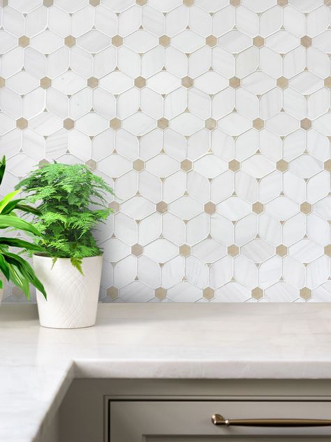 White Cabinets Fun Backsplash, White Kitchen Colored Backsplash, Pattern Backsplash Kitchen, White Herringbone Backsplash, Beige Marble Tile, Florida Kitchen, Kitchen 2023, Backsplash Patterns, Billiard Rooms