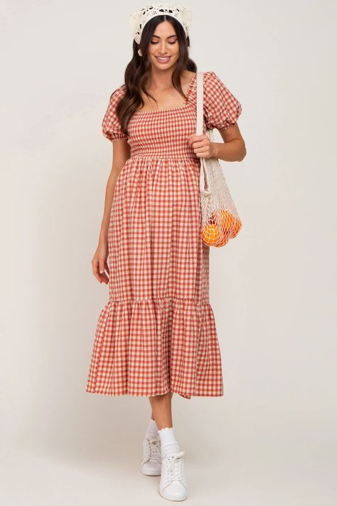 Rust Gingham Smocked Maternity Midi Dress | PinkBlush Maternity Casual Maternity Dress, Maternity Midi Dress, Trendy Maternity, Maternity Skirt, Check Dress, Pink Blush Maternity, Gingham Dress, Midi Maxi Dress, Everyday Dresses