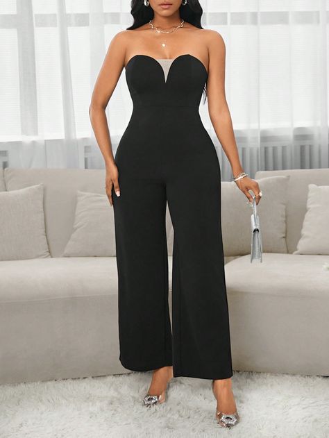 Black Deep V Tube Top Jumpsuit Trousers Wide Leg Pants Women Jumpsuit Spring And Summer Work Business Party Multicolor Elegant  Sleeveless Knitted Fabric Plain,All Over Print Other Slight Stretch  Women Clothing, size features are:Bust: ,Length: ,Sleeve Length: Jumpsuit Spring, Tube Top Jumpsuit, Wide Leg Pants Women, Trousers Wide Leg, Women Jumpsuit, Business Party, Summer Work, Jumpsuit Trousers, Pants Women