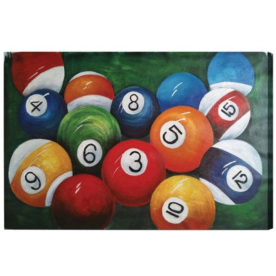 Billiards themed oil painting featuring billiards balls close up on canvas that will undoubtedly add charisma to your recreational space. Each of these beautiful pieces boast hand painted details. | Latitude Run® Wrapped Canvas Painting Canvas in Blue / Orange / Red, Size 24.0 H x 36.0 W x 2.0 D in | Wayfair | Home Decor Pool Ball, Oil Canvas, Paint And Sip, Painted Table, Room Paint, Billiard Balls, Oil Painting Landscape, Billiards, Trademark Fine Art