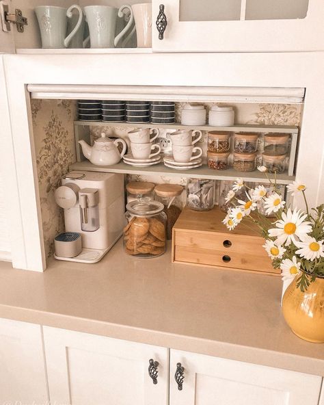 Coffee Tea Station, Coffee Organization, Coffee Station Kitchen, Coffee Bar Station, Tea Organization, Tea Station, Coffee Bars In Kitchen, Home Coffee Stations, Coffee Nook