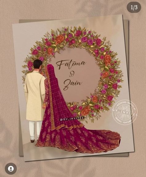 Desi Invitation Cards, Muslim Wedding Couple Illustration, Shadi Card Design Muslim, Indian Wedding Illustration Art, Nikah Illustration, Muslim Wedding Caricature, Wedding Caricature Couple, Pakistani Wedding Cards, Wedding Illustration Card