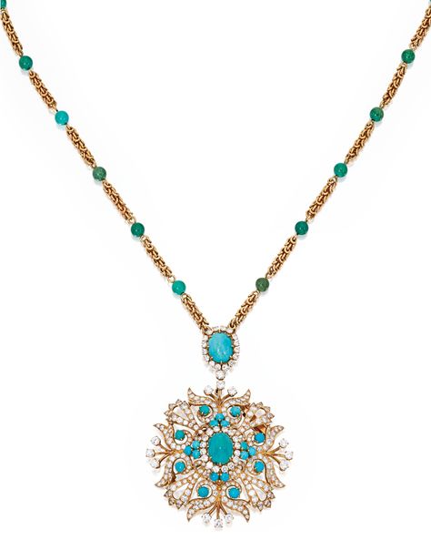 18 KARAT GOLD, TURQUOISE AND DIAMOND PENDANT-BROOCH AND CHAIN, VAN CLEEF & ARPELS.  The openwork pendant-brooch set with 20 turquoise cabochons, accented by numerous round diamonds, signed Van Cleef & Arpels,  suspended from a fancy-link chain spaced at intervals by 22 turquoise beads, set at the front with an oval-shaped turquoise cabochon framed by round diamonds, signed VCA, numbered 94908, with French assay marks. Van Cleef Necklace, Van Cleef And Arpels Jewelry, Pendant Brooch, Van Cleef And Arpels, Van Cleef Arpels, Fantasy Jewelry, Van Cleef, High Jewelry, Turquoise Gemstone