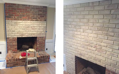 whitewash-brick-fireplace-details Brown Brick Fireplace Makeover, Whitewash Brick Fireplace Before After, Grey Wash Brick Fireplace, Light Red Brick Fireplace, White Wash Brown Brick Fireplace, Limewash Red Brick Fireplace, Whitewash Red Brick Fireplace, Limewash Brick Fireplace Before And After, Limewashed Brick Fireplace