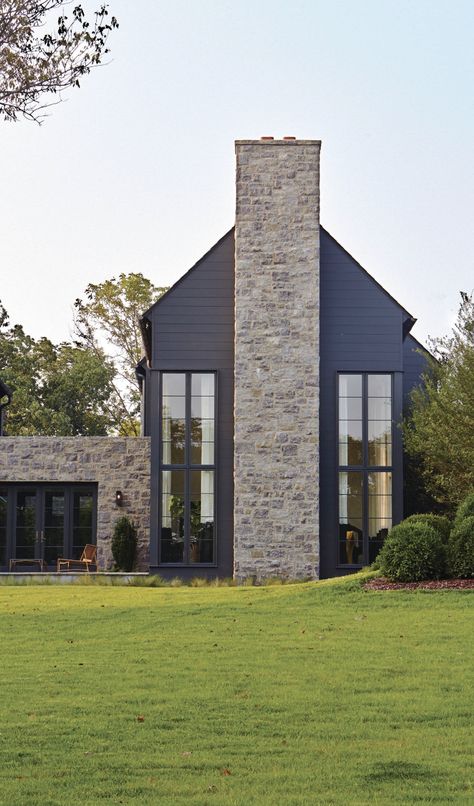 Marvin Windows And Doors, Transitional Exterior, Stone Chimney, Brick Chimney, Contemporary Exterior, Casas Coloniales, Traditional Exterior, House Siding, Outdoor Patio Lights