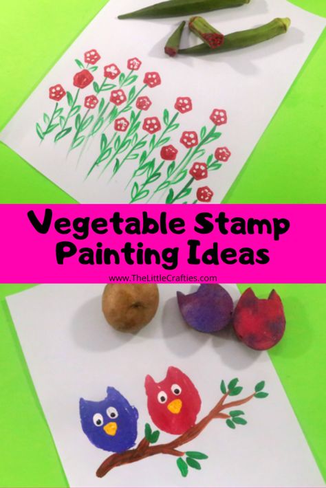 vegetable painting ideas for kids Painting With Vegetables Preschool, Vegetables Printing Ideas For Kids, Vegetable Printing Ideas, Vegetable Printing Art For Kids, Vegetable Painting Ideas, Vegetable Painting For Kids, Vegetable Art And Craft, Painting With Vegetables, Vegetables Drawing For Kids