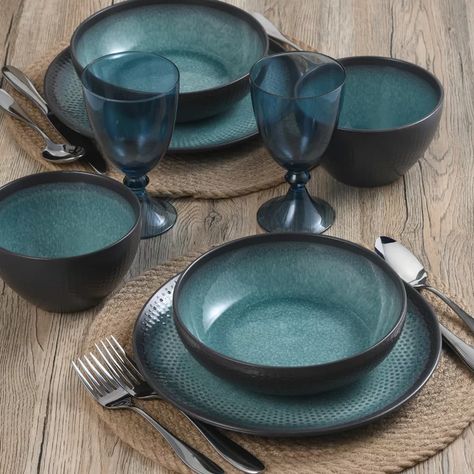 Pfaltzgraff Maddox 12 Piece Dinnerware Set, Service for 4 | Wayfair.ca Industrial Dinnerware, Casual Entertaining, Serving Bowl Set, Stoneware Dinnerware Sets, Pasta Bowl, Stoneware Dinnerware, Black Bedding, Black Exterior, Serving Piece