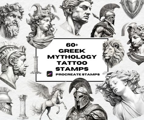 60+ Greek Mythology Tattoo Procreate Brushes AND 360 rotation anatomy models with automatic wrapping technology! ✦ The perfect tattoo stencil kit for all tattoo artists and illustrators!  ✦ Including 3D Anatomy models, with smart automatic wrapping and 360 rotation making tattoo designs simple and easier than ever! * Combine with other images or illustrations, There are no limits to your creativity!  ---------------------------------  HOW TO DOWNLOAD  After purchase, You will receive a download Greek Illustration Art, Small Greek Mythology Tattoos For Men, Greek Tattoo Designs Mythology, Traps Tattoo Men, Greek Mythology Tattoos Small, Greek Mythology Tattoos Men, Greek Myth Tattoos, Roman Mythology Tattoo, Tattoo Ideas Greek Mythology