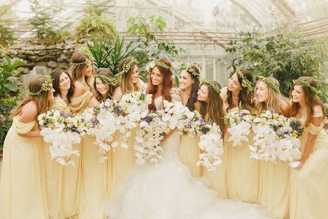 Pastel yellow bridesmaid dresses    #aislesociety #wedding #weddingphotos #bridesmaids #bridalparty Bridesmaid Pastel, Pastel Bridal Party, Pastel Yellow Bridesmaid Dresses, Bridesmaid Yellow, Light Yellow Weddings, Pale Yellow Weddings, Yellow Wedding Colors, Yellow Wedding Theme, Enchanted Garden Wedding