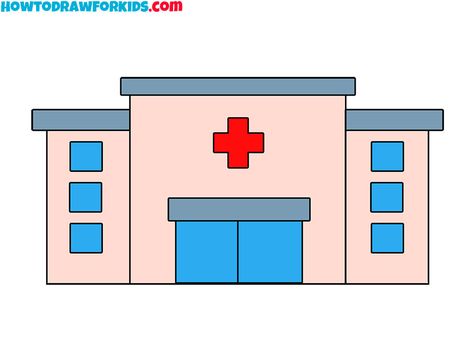 hospital drawing lesson Hospital Drawing Easy, Hospital Drawing, Draw Buildings, Community Helpers Crafts, Toddlers Activities, Spanish Projects, Central Building, Free House Design, Simple Building