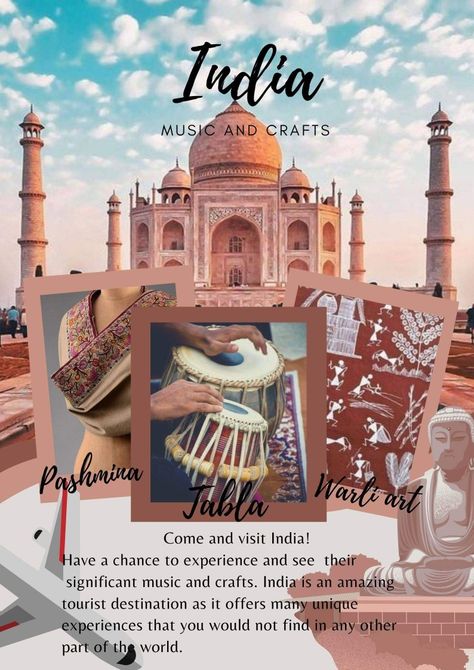 A tourist poster about the music and crafts of India Tourism Brochure Design, Tourist Poster, Tourism In India, India Poster, Travel Collage, Visit India, North India, Brochure Cover, Tourist Places