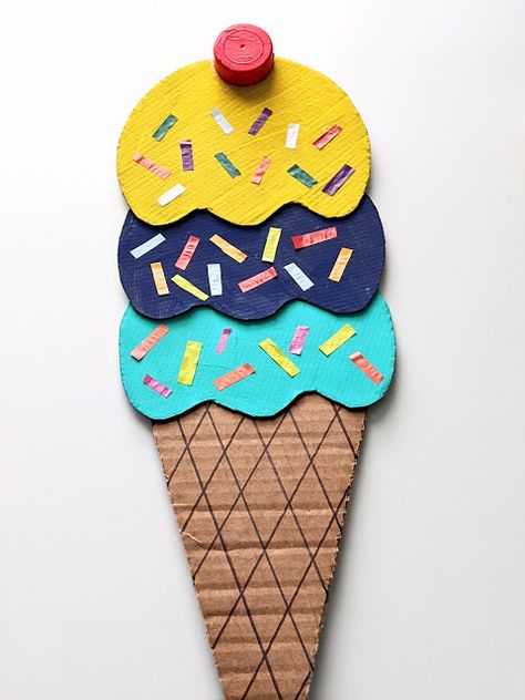 Colorful Recycled Cardboard Ice Cream Cone Craft for Kids- Summer craft ideas for kids Cardboard Ice Cream Cone, Cardboard Ice Cream, Ice Cream Cone Craft, Ice Cream Craft, Cool Crafts For Kids, Paper Ice Cream, Es Cream, Craft Ideas With Paper, Scratch Book