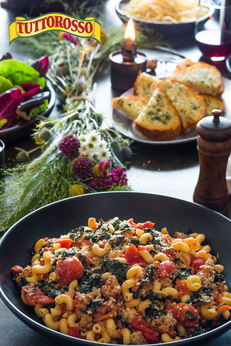 Cavatappi with Sausage, Tomato and Kale Cavatappi Pasta Recipes, Cavatappi Pasta, Sausage Kale, Tomato Cream Sauce, Lasagna Pasta, Italian Recipe, Kale Recipes, Sausage Pasta, Plum Tomatoes