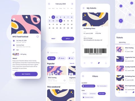 Hi there!Here's a concept of an event discovery app that features vivid custom illustrations. With this app, users can find various events around the globe and buy tickets right from their phones.... Moodboard App, Dance App, To Do App, Ui Design Mobile, Event App, Ux App Design, E Ticket, Mobile App Design Inspiration, User Flow