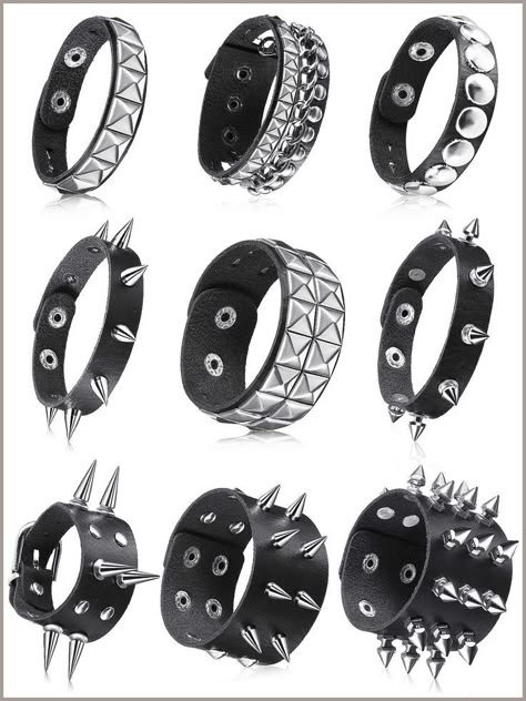 9 Pieces Spiked Studded Bracelet Black Leather Rivet Punk Bracelet Cuff Wrap Bangle Snap Studded Bracelet, Faux Leather Bracelets, Spike Bracelet, Wrap Bangles, Womens Cuff Bracelets, Leather Rivets, Punk Accessories, Estilo Punk, Bracelet Cuff