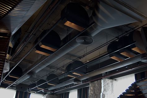 Lighting by PSLab for Shahira H. Fahmy Architects on Gizaon Tamarai Restaurant, Cairo. Black Painted Exposed Ceiling, Black Exposed Ceiling, Exposed Ceiling Design, Dark Painted Ceiling, Painted Beams, Exposed Ceiling, Exposed Beams Ceiling, Corner Coffee, Ceiling Solutions