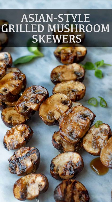 Soy sauce, garlic, ginger, honey and seasonings make a delicious and easy marinade for mushrooms skewered and grilled. This vegan side dish can complement any meal. #asianmushrooms #grilledmushrooms #marinatedmushroom #mushroomskewers #mushroomkabobs Marinated Grilled Mushrooms, Delicious Grill Recipes, Mushroom Skewers, Mushroom Marinade, Mushroom Kabobs, Bbq Mushrooms, Asian Marinade, Soy Sauce Garlic, Lean Meat Recipes