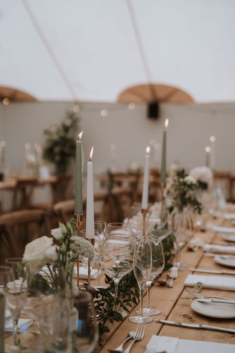 Different Wedding Table Set Ups, Taupe Wedding Decorations, Simple Green Wedding Table Decor, Reception Wedding Table Ideas, Green Candles Wedding Table, Tall Taper Candles Wedding, Straight Table Wedding Decor, Table Decorations White And Green, Sage Candles Wedding