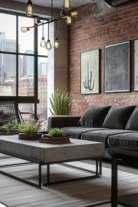 Explore this chic urban loft living room decor, perfect for blending industrial style with cozy comfort. The exposed brick and greenery create a vibrant and inviting atmosphere. #LivingRoomDecor #UrbanStyle #HomeInspiration Industrial Wall Living Room, Office With Exposed Brick, Chelsea Deboer Style Home, Mill Apartment Decor, Brickwall Interiors Living Room, Red Brick Wall Living Room, Urban Living Room Decor, Exposed Brick Walls Living Room, Living Room With Exposed Brick