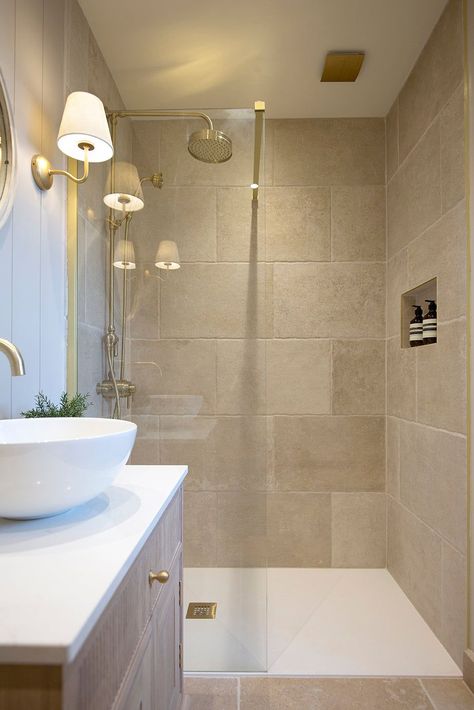 Family Bathroom Tiles, Neutral Shower Room, Sandstone Bathroom Tiles, Neutral Tiles Bathroom, Beige Tile Floor Bathroom, Small Bathroom Neutral, Large Tiles In Bathroom, Bathroom Big Tiles, Bathroom Cream Tiles