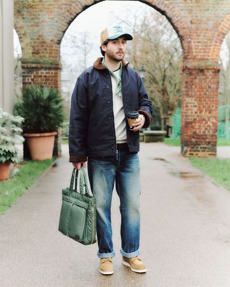 For comfort and versatility, many need look no further than Red Wing, and their suede option Moc Toes definitely cut a more casual look. Pair them with well broken in denim, and a touch of military outerwear, for the perfect heritage look. Selvedge Denim Outfit Men, Red Wing Moc Toe Outfit, Moc Toe Boots Men Outfit, Red Wing Boots Outfit Mens Fashion, Boots Men Outfit, Red Wing Boots, Street Fashion Men Streetwear, Mens Casual Dress Outfits, Men Streetwear