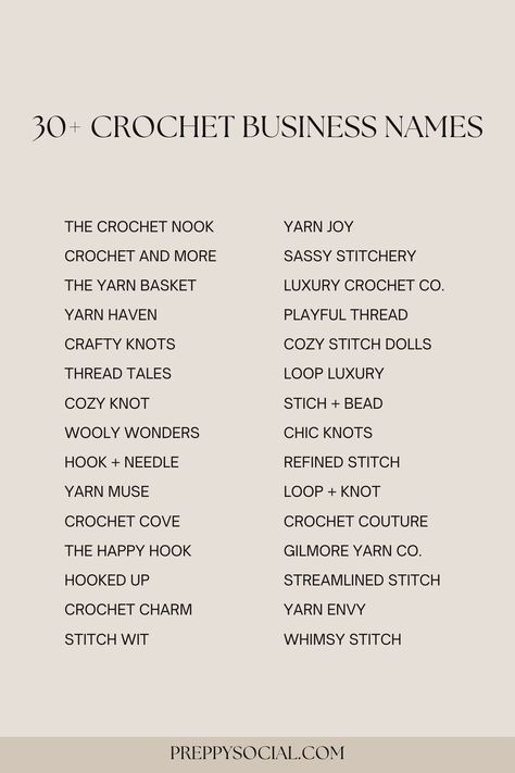 Looking for crochet business names? Check out these 30+ incredibly fun crochet business names! Aesthetic Crochet Business Names, Crochet Business Idea, Crochet Business Name Ideas, Crochet Page Name Ideas, Crochet Buissnes Idea, Logo For Crochet Business, Beads Business Names, Starting A Crochet Business, Crochet Shop Name Ideas