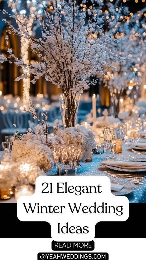 An elegant winter wedding setup with stunning décor and cozy venue, perfect for creating a magical winter wonderland celebration. Winter Wonderland Wedding On A Budget, Christmas Wedding Centerpieces Diy Winter Wonderland, Winter Forest Wedding Centerpieces, Elegant Wedding Lights, Winter Engagement Decorations, December Wedding Ideas On A Budget, Winter Conservatory Wedding, Snowy Wedding Reception, White And Green Winter Wedding Centerpieces