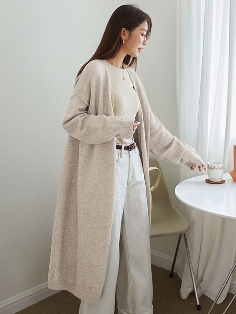 Apricot Casual Collar Long Sleeve Fabric Plain  Embellished Medium Stretch  Women Clothing Cardigan Outfit Casual, Outfit With Long Cardigan, Duster Cardigan Outfit, Outfits With Grey Cardigan, Duster Outfit, Long Cardigan Outfit, Cardigan Gris, Long White Cardigan, Long Grey Cardigan