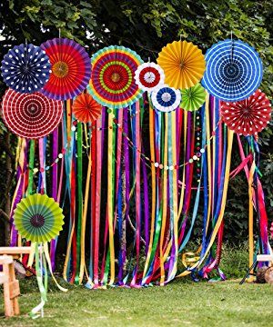 AmazonSmile: 12 Paper Fan Mexican Fiesta/Cinco De Mayo /Carnival/ Kids Party Hanging Decoration Supplies Favors: Toys & Games Fan Party Decorations, Fiesta Mexicana Ideas, Ribbon Backdrop, Mehendi Decor Ideas, Pennant Garland, Paper Fan Decorations, Holi Party, Carnival Decorations, Fiesta Theme Party