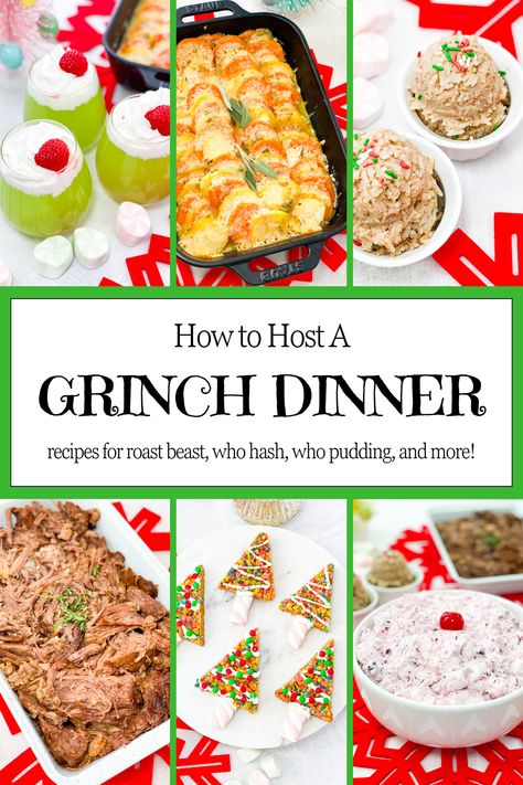 Grinch Themed Christmas Dinner, Who Feast The Grinch, The Grinch Dinner And A Movie, Grinch Christmas Meal, Grinch Themed Main Dishes, Grinch Christmas Movie Night, Christmas Movie Meals, Grinch Christmas Theme Party, Grinch Party Appetizers