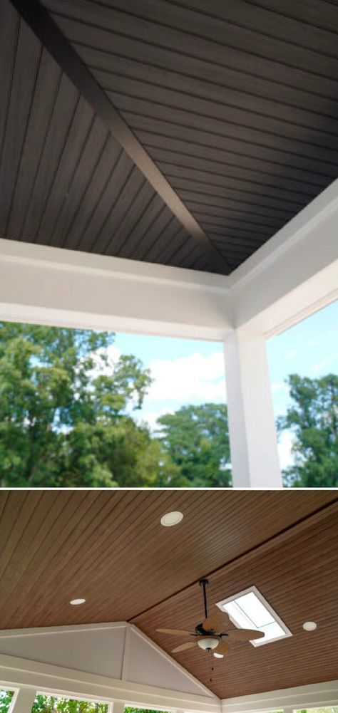 Outdoor Covered Patio Ceilings, Shiplap Ceiling Outdoor Patio, Exterior Beadboard Porch Ceiling, Wood Ceiling Panels Porch, Screened Porch Ceilings, Wood Ceiling Porch Outdoor Living, Colored Porch Ceiling, Black Ceiling Outdoor Patio, Farmhouse Soffit Ideas Exterior