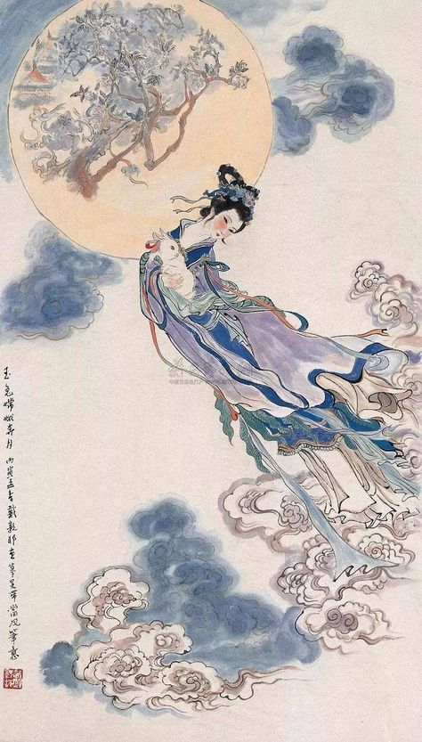 Moon Rabbit, Chinese Folk Art, Chinese Illustration, Moon Palace, Chinese Art Painting, Ancient Chinese Art, Moon Festival, Drawstring Dress, Chinese Mythology