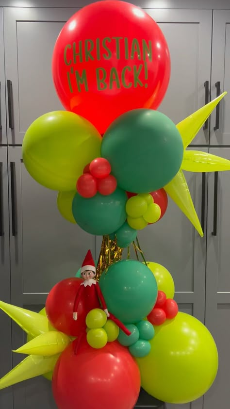 I was lucky enough to be asked by the big guy himself 🎅 to help his Elf Alvin surprise Christian for his first day back of the season 🎄�❤️💚… | Instagram Hot Air Balloon Elf On The Shelf, Elf On The Shelf Party Ideas, Elf Arrival Balloon Ideas, Elf On The Shelf Balloon Ideas, Elf Balloon Ideas, Elf On The Shelf Balloon Arrival, Elf On The Shelf Balloons, Elf On The Shelf Balloon, Elf Balloons