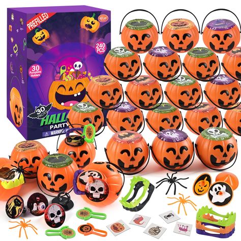 PRICES MAY VARY. 240PCS ASSORTED HALLOWEEN TOYS IN TOTAL: spiders X30pcs, spinning toys X30pcs, saucers X30pcs, Halloween rings X30pcs, Halloween tatoo stickers X30pcs, false teeth X30pcs, Halloween pumpkins mini bucket X30pcs, Halloween stickers X30pcs PREFILLED HALLOWEEN PARTY FAVORS: you can easily share them with kids, classmate, students and more as gifts for Trick or Treat or Halloween Carnival! Save you from packing! 30 WITCH CAULDRONS: 3inches mini cauldrons as treat containers are made Halloween Playdough Gift Ideas, Candy Bag Ideas For Halloween, Halloween Dinners For Kids, Halloween Goodie Bags For Kids School, Halloween Rings, Play Dough Gift, Pumpkin Holders, Treat Containers, Monster Treats