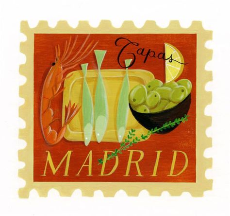 MADRID y sus famosas tapas !! Inigualables. Spanish Tapas Party, Madrid Tapas, Madrid Art, Stamp Drawing, Tapas Party, Menu Illustration, Spain Art, Lilla Rogers, Food Map