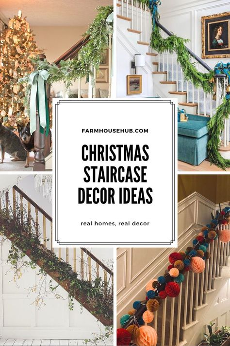 10 STUNNING WAYS TO MAKE YOUR STAIRCASE SPARKLE THIS CHRISTMAS Stair Swag Christmas, Simple Christmas Staircase, Stair Decorating Ideas Christmas, Christmas Bannister Ideas Diy, Banister Garland Ideas, Stair Garland Ideas, Staircase Decorations For Christmas, Stairs Decoration Christmas, Decorating A Bannister For Christmas