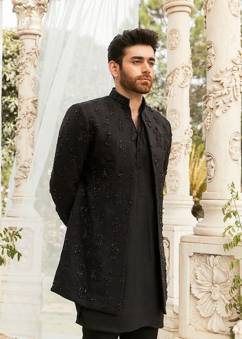 Black Indo Western Dress Men, Sangeet Outfit For Groom, Men Shoots, Barat Outfit, Western Outfits For Men, Sadaf Fawad Khan, Indo Western Outfits For Men, Panjabi Design, Indo Western Dress For Men